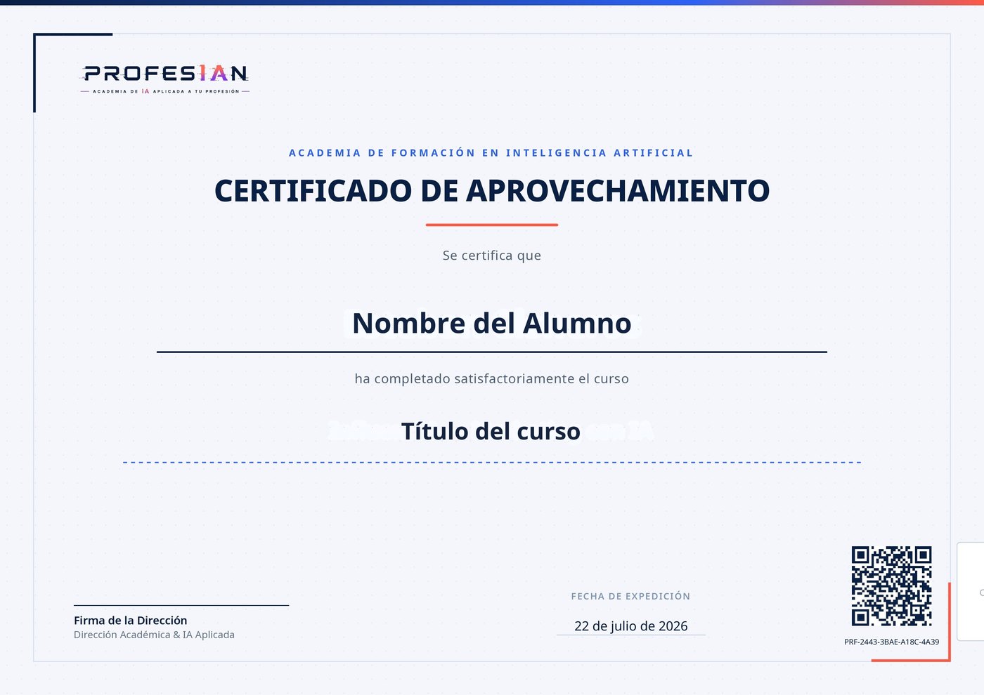 Ejemplo del certificado que emite PROFESIAN, con su código y su QR